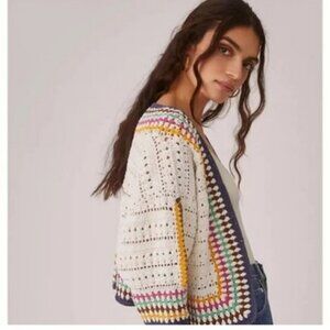 Maeve Crochet Cardigan Open Knit Granny 3/4 Sleeve Draped Colorful Sweater OS